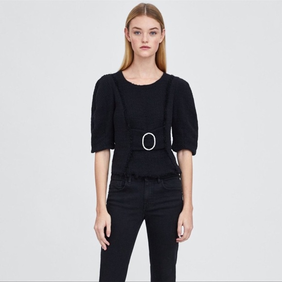 Zara | Black Tweed Midi Crop Top With Jewel Buckle - Picture 1 of 7